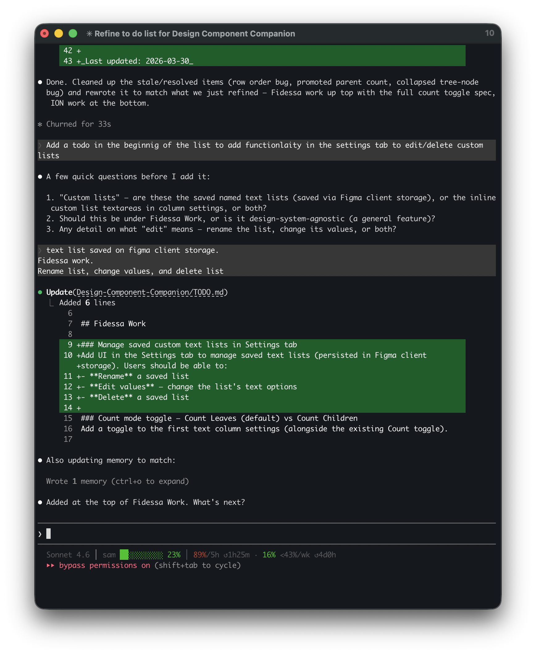 Claude Code terminal session showing a conversation about refining the plugin todo list, with Claude asking clarifying questions and updating files